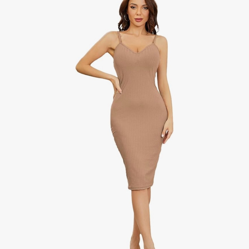 Chic Tan Ribbed Midi Dress